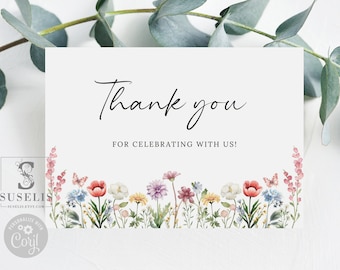 Editable Template Wildflower Thank you Card, Wildflowers, Baby Shower, Graduation, Birthday, Quinceanera, Instant Download, Printable, SU059