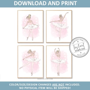 Printable Nursery Ballerina Prints, Set of 4, Ballet Signs, Dancing Ballerinas, Gift for kids, Girls poster art, Playroom Wall art, DIGITAL