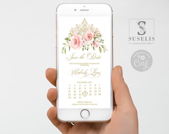 Editable Calendar Save the Date Evite Template, Text Invite, Blush Pink Flowers, Quinceañera, Sweet 16, Wedding, Instant Download, QU021