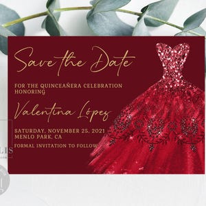 Editable Quinceañera Save the Date Template, Ruby Red Gold, Dress, Sweet 16, Mis Quince, 15th Birthday, Printable, Instant Download, QU007E