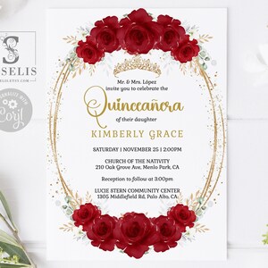 EDITABLE Quinceanera Invitation Template, Ruby Red Flowers, Gold Glitter, Mis Quince, Sweet Sixteen, Printable, Instant Download, QU166