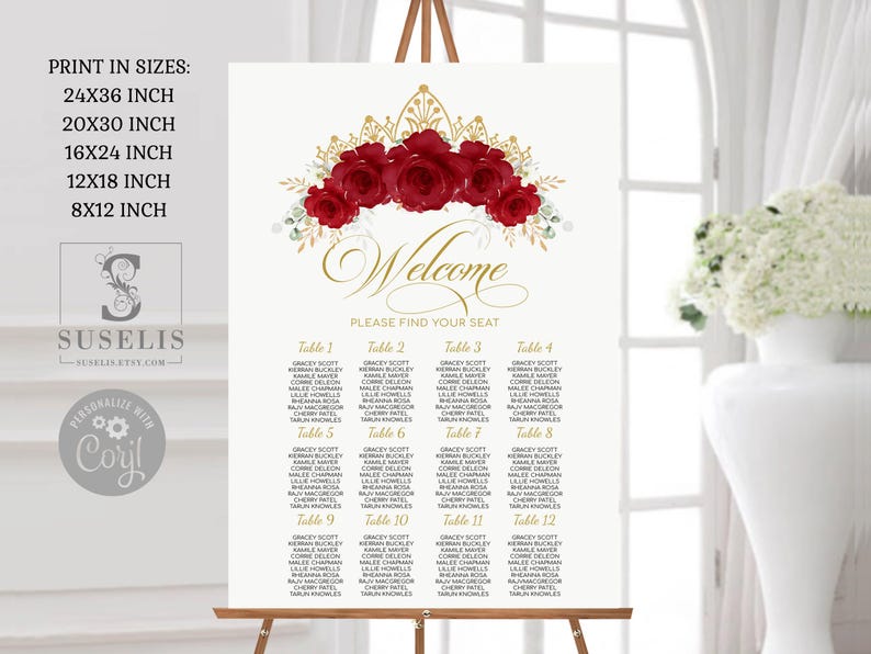 Seat Map Ruby EDITABLE Seating Plan Sign, Template, Ruby Red Flowers, Table Plan ...