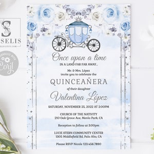 EDITABLE Quinceanera Invitation & Back Template, Blue Silver Floral, Princess Carriage, Mis Quince, Sweet 16, Printable, Instant, QU120