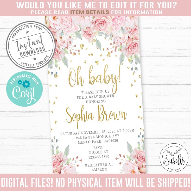 EDITABLE Evite Baby Shower Invitation Corjl Template Oh Etsy