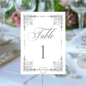 EDITABLE Template Table Numbers, Silver Ornaments, White Silver, Quinceanera, Wedding Party Table sign, Printable Instant Download, QU202