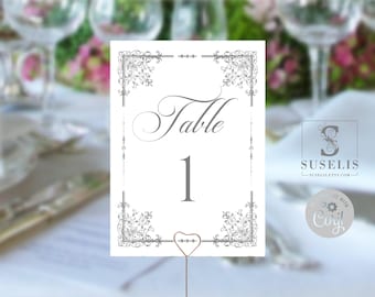 EDITABLE Template Table Numbers, Silver Ornaments, White Silver, Quinceanera, Wedding Party Table sign, Printable Instant Download, QU202