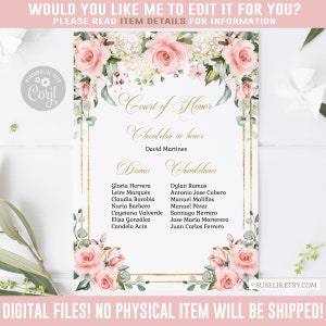 EDITABLE Court of Honor, Special Thanks, Damas, Chambelanes, Blush Pink Flowers, Mis Quince, 15th Birthday, Corjl Template, Instant SU029