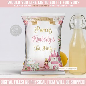 EDITABLE Princess Birthday Chip Bag, Corjl Template, Wrapper, Blush Flowers Bag, Instant Download, Princess Favors, Digital file, 10-225