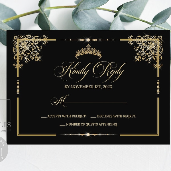 Editable RSVP Card Template, Kindly Reply, Gold Ornaments, Black and Gold, Quinceanera, Sweet 16, Wedding, Printable Instant Download, QU202