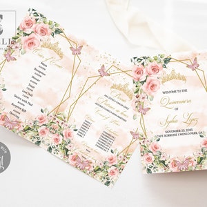 EDITABLE Bi-Fold Program Template, Blush Flowers, Quinceañera, Folded, Sweet 16, Wedding, Mis Quince, Printable, Instant Download, QU054B