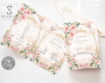 EDITABLE Bi-Fold Program Template, Blush Flowers, Quinceañera, Folded, Sweet 16, Wedding, Mis Quince, Printable, Instant Download, QU054B
