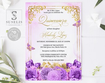 EDITABLE Quinceanera Invitation Template, Gold Purple Flowers, Butterfly, Mis Quince, Sweet 16, Printable, Instant Download, QU102