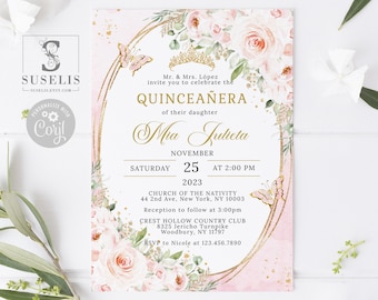 EDITABLE Quinceanera Invitation Template, Blush Pink Flowers, Gold Pink Butterfly, Sweet 16, 15th Birthday, Printable Instant Download QU201