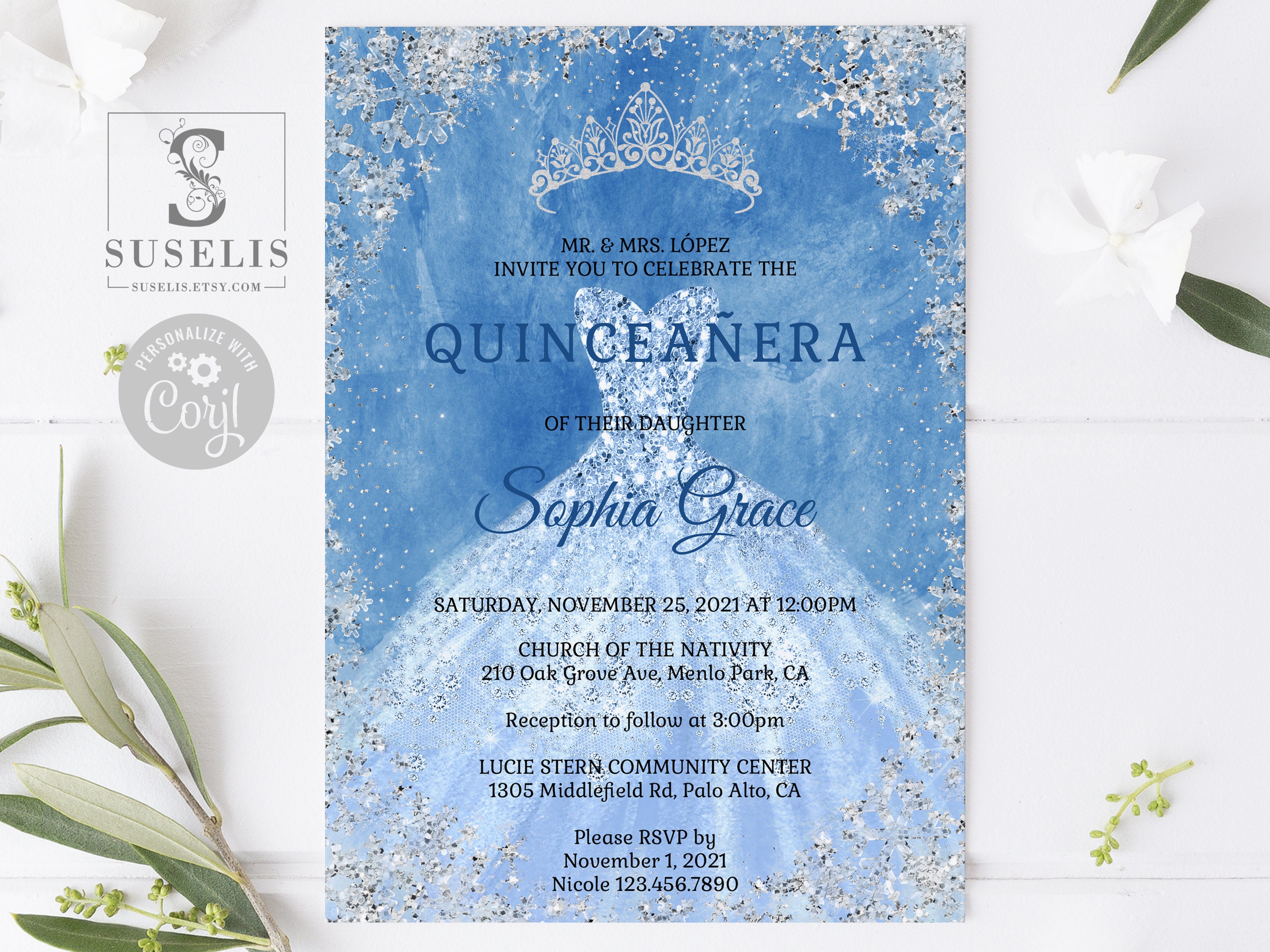 EDITABLE Winter Wonderland Quinceanera Invitation \u0026 Back Template, Blue  Silver, Mis Quince, Sweet Sixteen, Sweet 16, Instant Download, QU107 - Etsy  México, image size:2700x2025