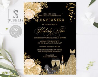 May include: A black Quinceañera invitation card featuring gold floral accents, a glittery gold dress, champagne flutes, and a high-heeled shoe. The text includes event details for Kimberly Ann, the Church of the Nativity, and the Lucie Stern Community Center.