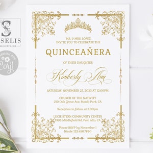 EDITABLE Quinceanera Invitation + Back Template, Gold Ornaments, Swirls, Sweet 16, 15th Birthday, Printable, Instant Download, QU202