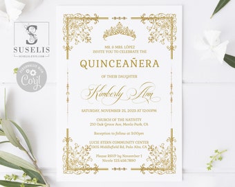EDITABLE Quinceanera Invitation + Back Template, Gold Ornaments, Swirls, Sweet 16, 15th Birthday, Printable, Instant Download, QU202