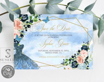 May include: A light blue and gold quinceañera invitation with floral and butterfly accents. The invitation reads "Save the Date" and includes the honoree's name, date, and location. The design features a dress silhouette.