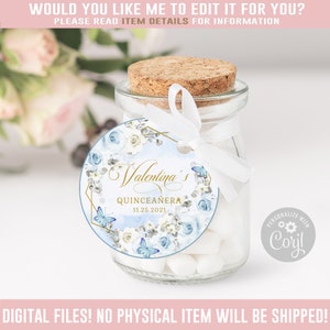 Editable Quinceanera Tag, Thank You, Blush Blue, Gift tag, Mis Quince Anos, 15th Birthday, Butterfly, Corjl Template Instant Download QU054A