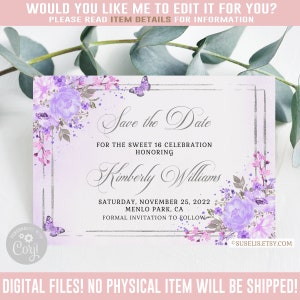Editable Save the Date Card, Purple Floral, Butterfly, Sweet Sixteen, 16th Birthday, Instant Download, Corjl Template, SW16018