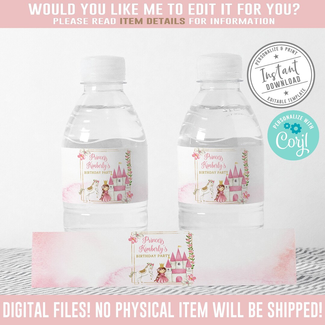 EDITABLE Princess Water Bottle Labels, Corjl Template, Birthday Baby ...