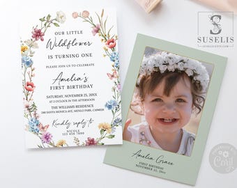 EDITABLE Template Wildflower Photo Birthday Invitation, 1st Birthday, Floral Party Invite, Instant Download, Printable, Digital, SU059
