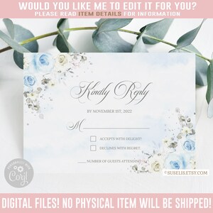 Editable RSVP Card, Kindly Reply, Baby Blue Silver Flowers Roses, Sweet 16, 16th Birthday, Instant Download Corjl Template, SW16015