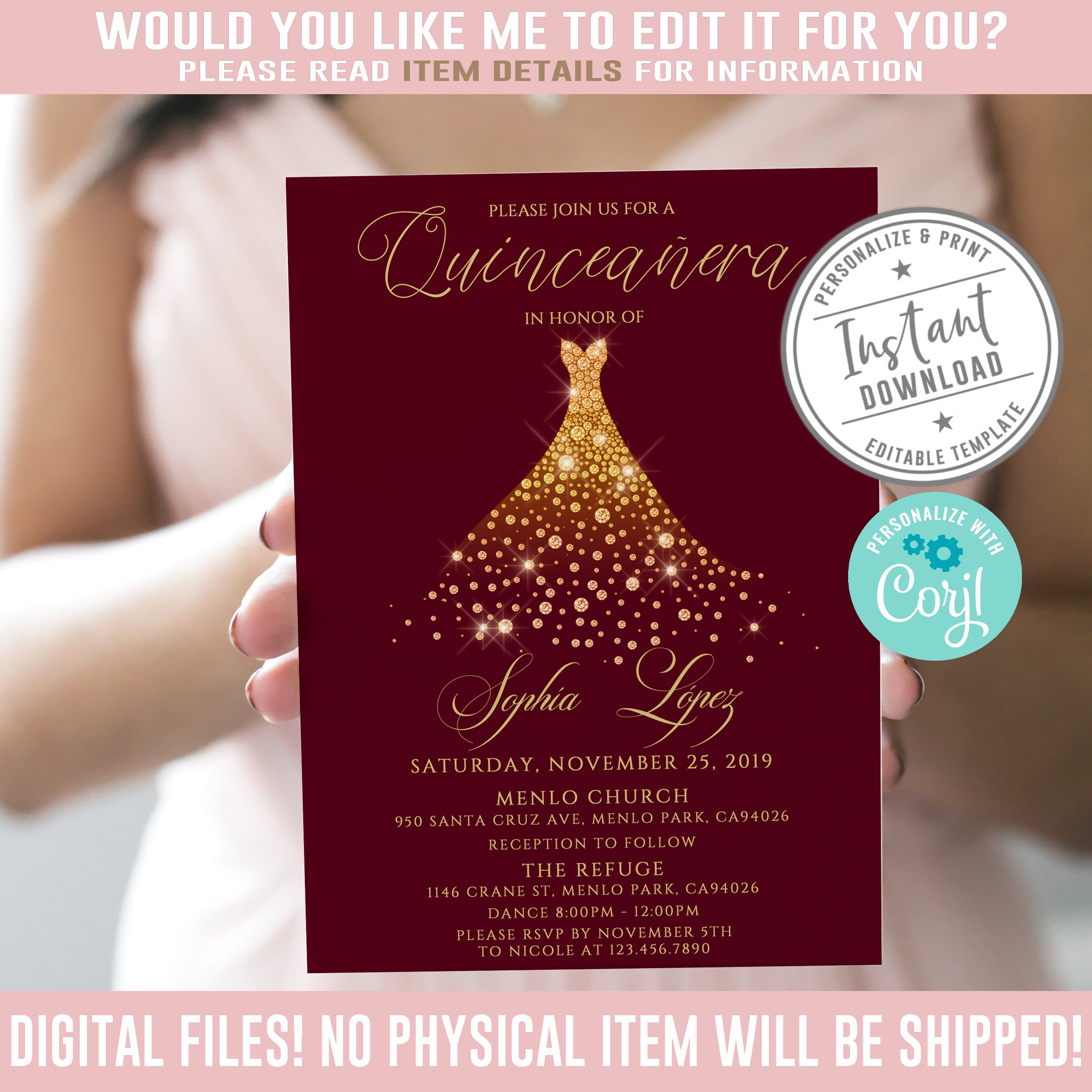 Paper & Party Supplies Quinceanera Invitation Editable Template Luxury