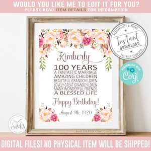 Editable 100th Birthday Gift Print, Corjl Template, sign, 100 Years Old Birthday Gift, for Mother her, Instant Download, DIGITAL FILE, BI004