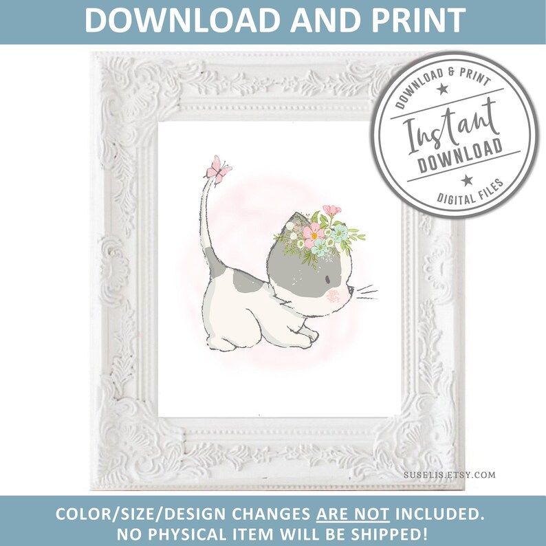 https://www.etsy.com/de/listing/621666604/printable-garderobe-katzen-drucke, Illustration, 4er Set, Tierschilder, Aquarell Kätzchen Schmetterling Blumen, Mädchen Poster, Geschenk Kinder, Wandkunst, DIGITAL Bild 2