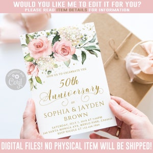 EDITABLE, Any Year, Wedding Anniversary Invitation, Corjl Template, Blush Pink Flowers, Instant Download, Printable Card DIGITAL Files, An14