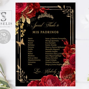 EDITABLE Lista de Padrinos, Special Thanks, List of Godparents, Red Roses Flowers, Mis Quince, 15th Birthday, Corjl Template, Instant QU140