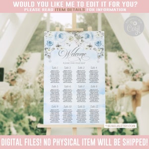 EDITABLE Seating Chart, Seating Plan, Table Plan, Watercolor Baby Blue Silver Floral, Corjl Template, Instant download, Printable QU084H