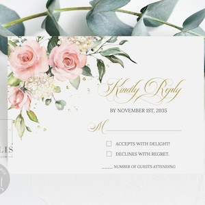 Editable RSVP Card Template, Kindly Reply, Blush Pink Flowers, Quinceanera, Sweet Sixteen, Wedding, Printable, Instant Download, QU020