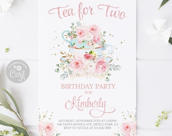 EDITABLE Tea Party Birthday Invitation, Corjl Template, Watercolor Brewing Tea Invite, Instant Download Tea Party Theme Digital file, 10-209