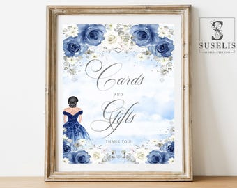 PRINTABLE Quinceanera Cards & Gifts Sign, Desserts, Blue Flowers, Butterfly, Quinceanera, Sweet 16, Wedding, Table, Instant Download, QU084