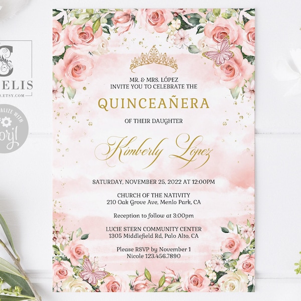 EDITABLE Quinceanera Invitation + Back Template, Blush Pink Flowers, Butterfly, Mis Quince,Sweet 16, Printable, Instant Download QU084