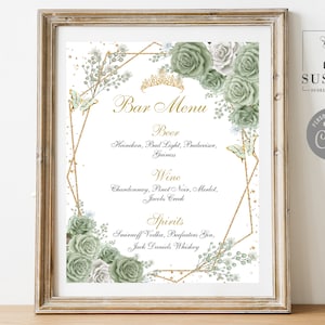 EDITABLE Bar Menu Sign Template, Drinks, Sage Green Flowers, Butterfly, Quinceanera, Sweet 16, Wedding, Printable, Instant Download QU181