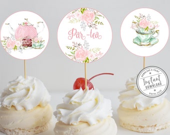 Printable, Tea Party Cupcake Toppers, Birthday, Baby Shower, Brewing Tea Tags, Instant Download, Favor Tags, Floral, DIGITAL FILE, 10-107