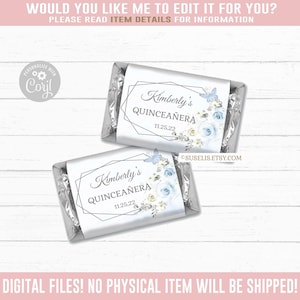 Editable Quinceanera Mini Chocolate Wrappers, Candy, Baby Blue, Mis Quince, 15th Birthday, Butterfly Corjl Template, Instant Download QU054A