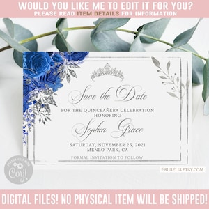 Editable Save the Date Card, Royal Blue Flowers, Butterfly, Mis Quince Anos, 15th Birthday, Corjl Template, Instant Download, QU121B