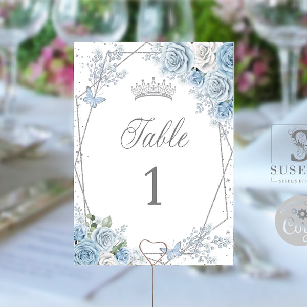 EDITABLE Template Table Numbers, Quinceanera, Baby Blue Flowers, Butterfly, Wedding, Mis Quince, Sweet 16, Printable Instant Download, QU181