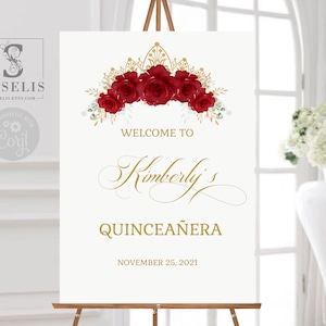 EDITABLE Quinceañera Welcome Sign Template, Ruby Red Flowers, Birthday, Sweet Sixteen, Poster, Signage, Wedding, Instant Download, QU091
