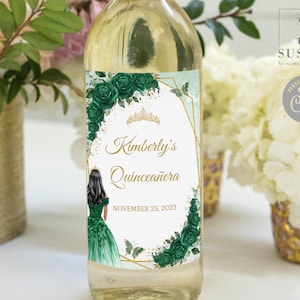 EDITABLE Quinceañera Wine Bottle Label Template, Gold Emerald Green Flowers, Butterfly, Mis Quince, Favor labels, Instant Download, QU197