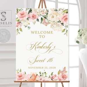 EDITABLE Sweet 16 Welcome Sign, Blush Pink Flowers, Any Event, Sweet Sixteen Signage Printable, Corjl Template, Instant download, SW16WLC001