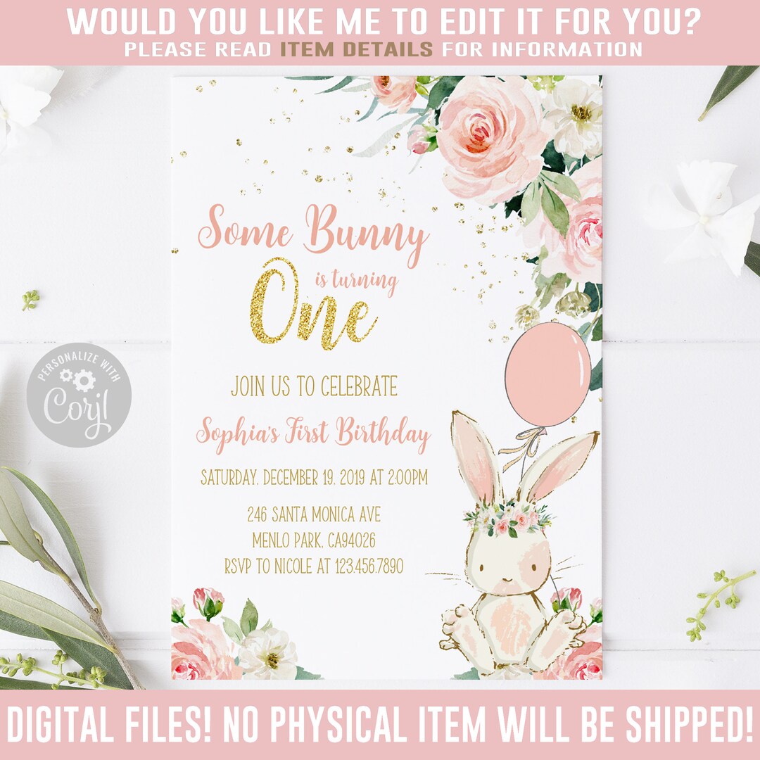 EDITABLE Some Bunny, Birthday Invitation, Corjl Template, Instant ...