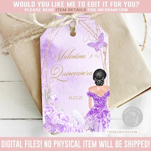Editable Quinceanera Favor Tag, Purple, Gift tag, Mis Quince Anos, 15th Birthday, Butterfly, Corjl Template, Instant Download, QU069A