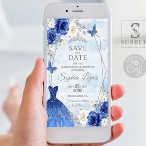 Editable Save the Date Template, Royal Blue Flowers, Text Invite, Quinceañera, Sweet 16, Evite, SMS Email, Printable Instant download QU054C