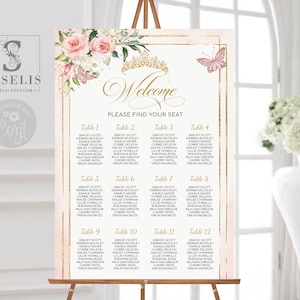 EDITABLE Seating Chart Template, Table Plan, Blush Pink Flowers, Quinceañera, 16th Birthday, Wedding, Instant download, Printable QU054B