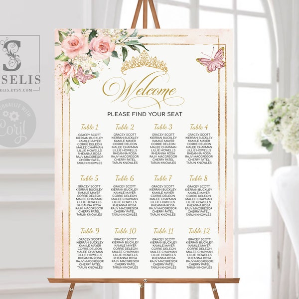 EDITABLE Seating Chart Template, Table Plan, Blush Pink Flowers, Quinceañera, 16th Birthday, Wedding, Instant download, Printable QU054B
